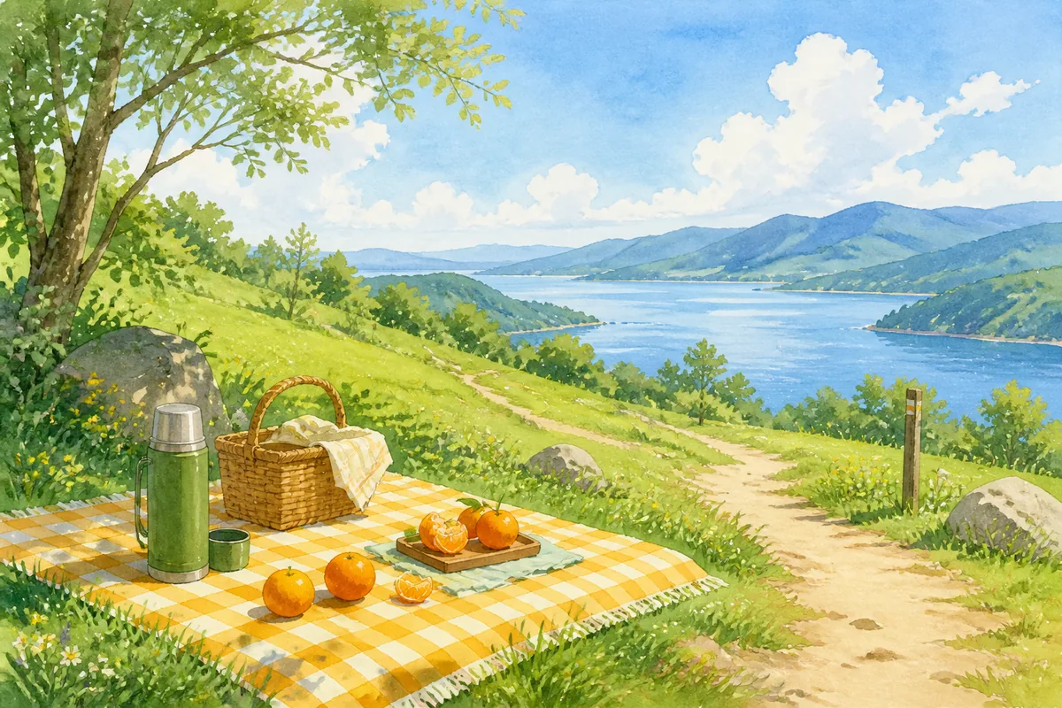 晴朗山坡上的野餐布、橙子与保温壶