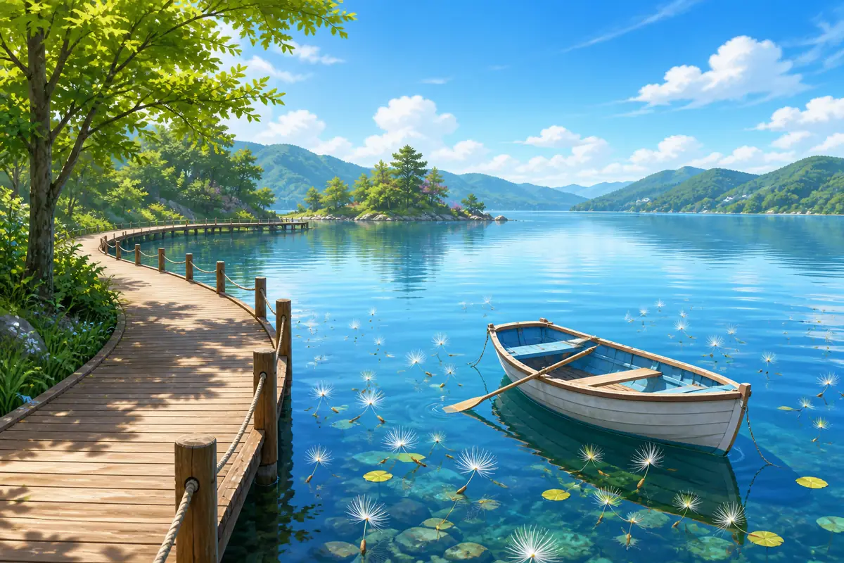湖边、木栈道、小船与种荚