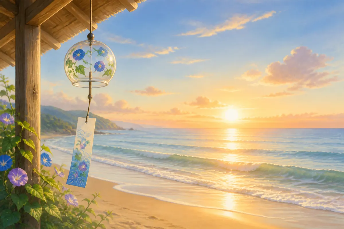 海边木檐下悬挂牵牛花图案风铃,晨光照着平静海面