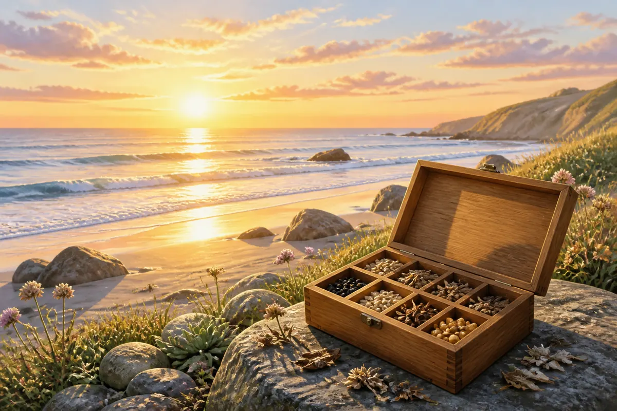 日出海岸的岩石上放着打开的木质种子盒,远处是平静海面与野花
