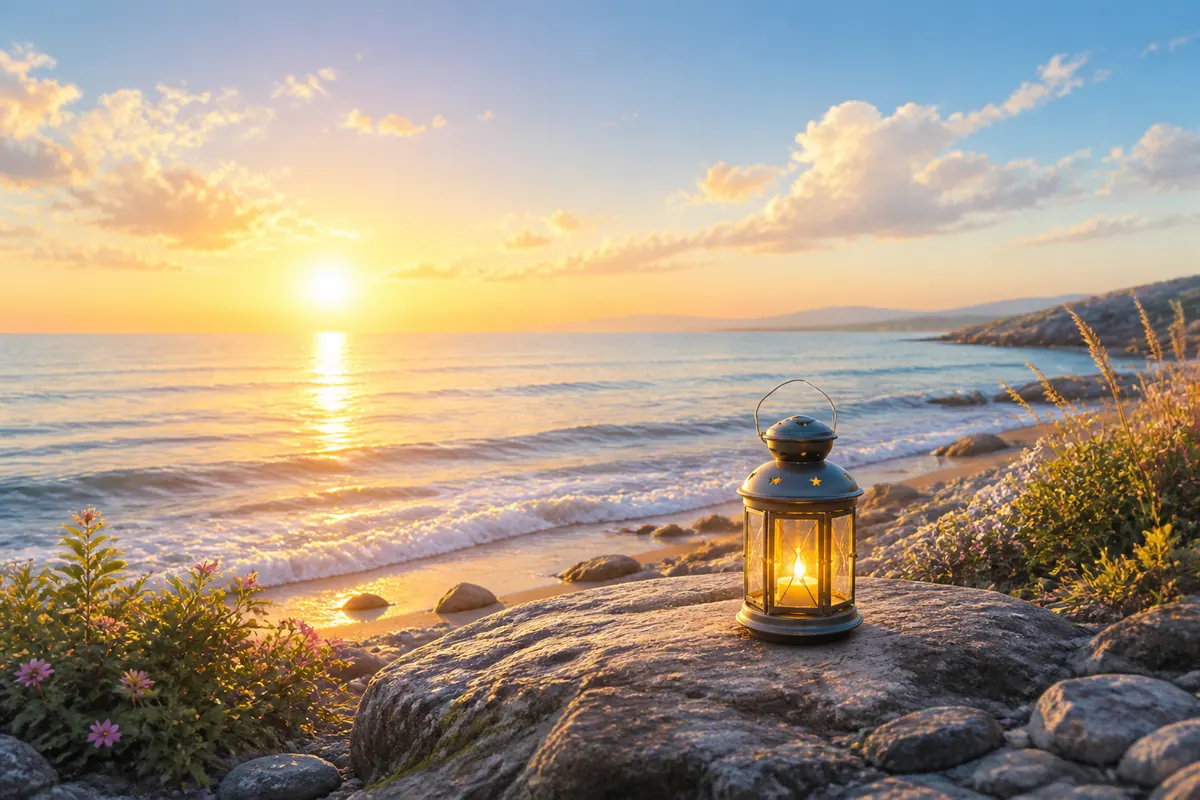 海边岩石上放着一盏发光提灯,周围有野花和温和海浪