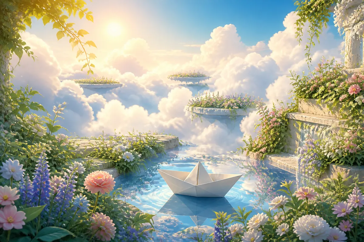 云上花园的浅水池里漂着白色纸船,周围有鲜花和漂浮平台