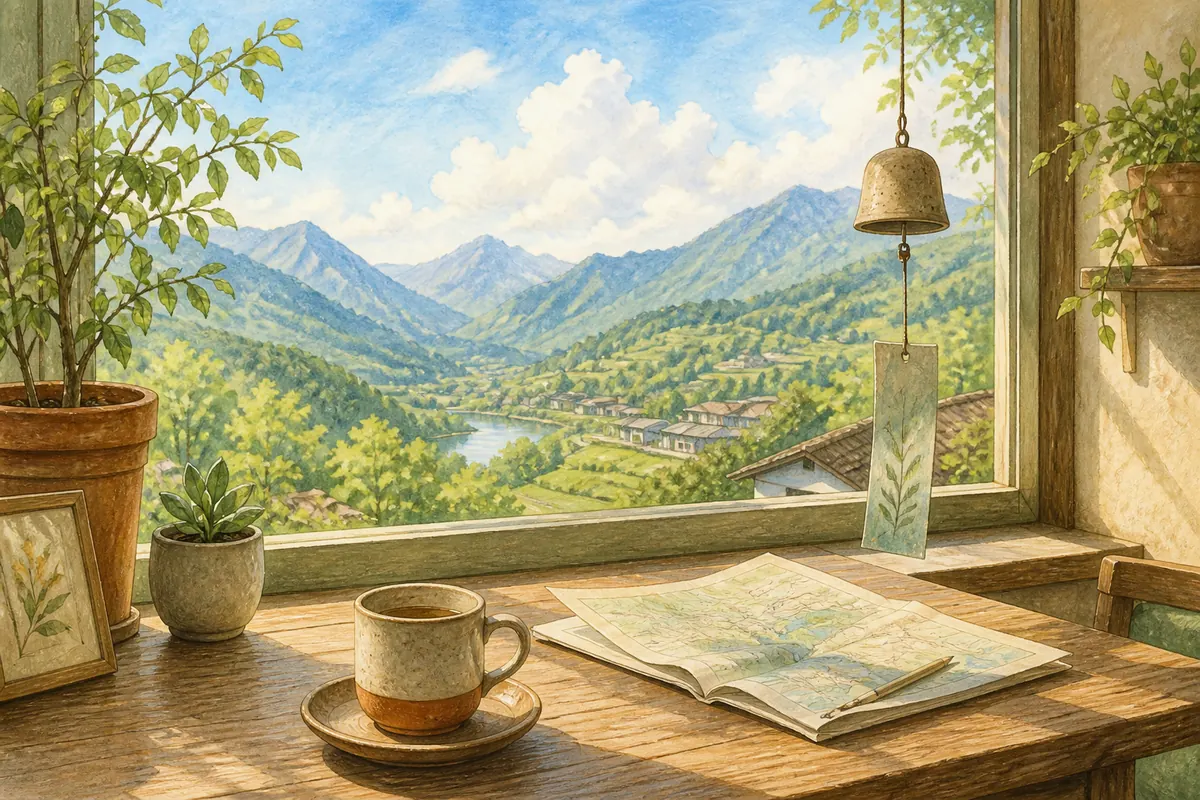 山间屋内木桌上摊着地图和茶杯,窗外是绿色山谷与河流