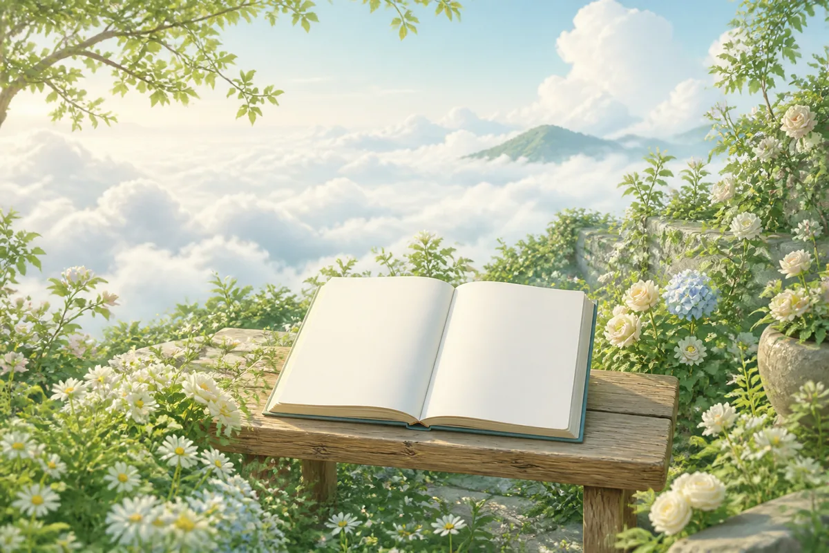 云海花园的木桌上摊着一本空白书页,周围有花朵和远山云层