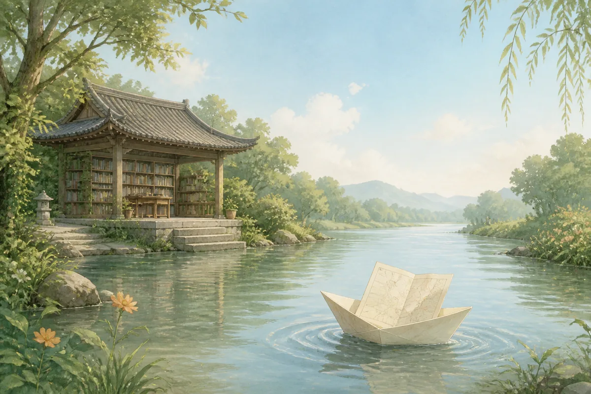 平静河面上漂着一只纸船,船里立着一张地图,岸边有书亭和绿树