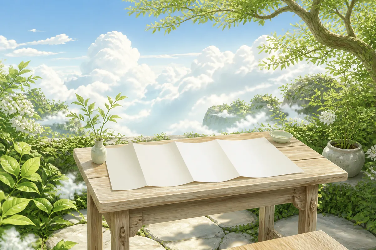 云上花园的木桌上摊着一张长纸，周围有绿植和白云