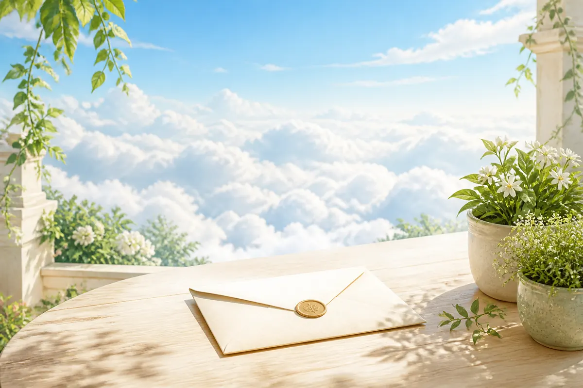 阳光照着云端露台的木桌,一封无文字的蜡封信放在白花盆栽旁,远处是云海