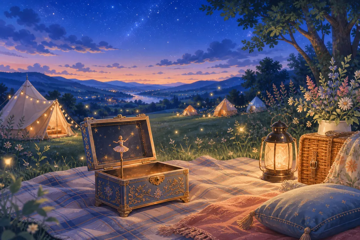 星空下的山谷营地亮着暖灯,野花草地的格纹毯上放着一只打开的无文字音乐盒和提灯