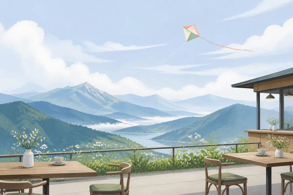 明亮山谷湖景前的空咖啡座摆着浅色杯子和白花,天空中有一只无文字彩色风筝,无人物