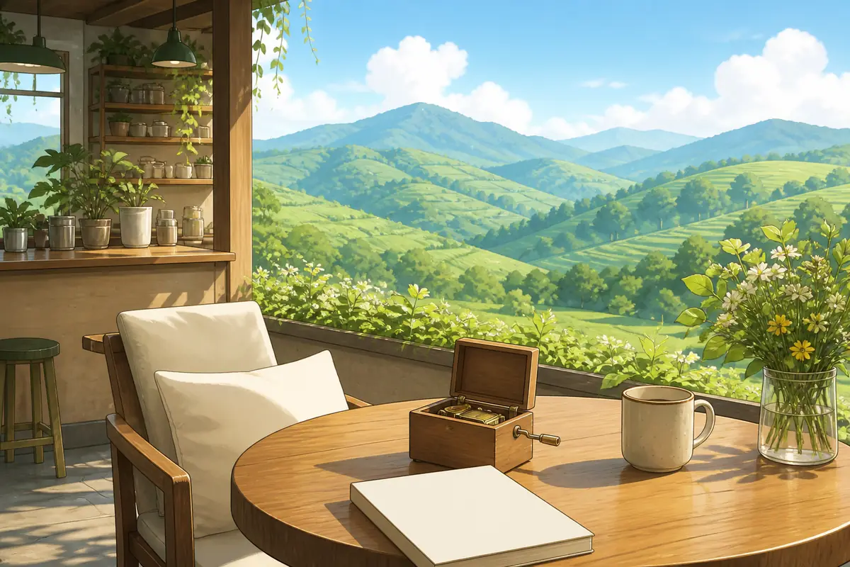 阳光照进山景茶室,圆木桌上有打开的木质音乐盒、无字白色纸页和浅色杯子,窗外是绿色群山与白花,无人物无文字