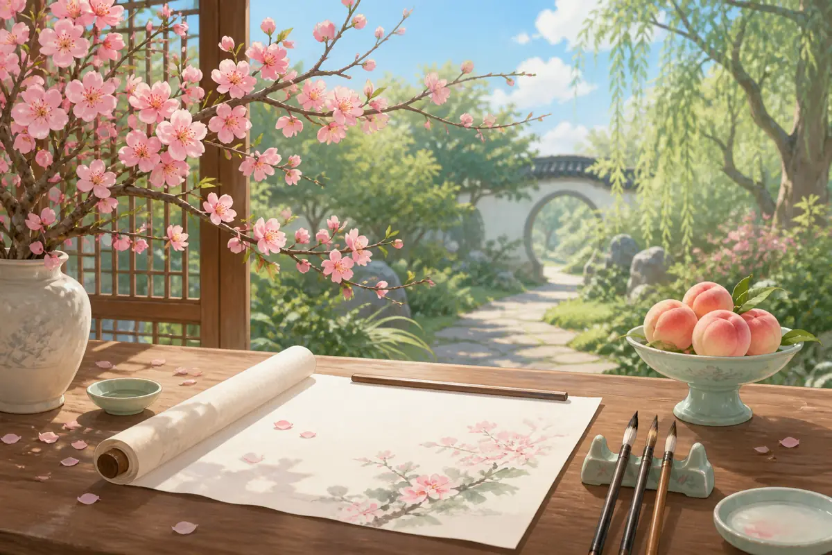 木制画案上有桃花陶瓶、空白画纸、画笔和一盘桃子,窗外花园里有圆门与垂柳,无人物无文字