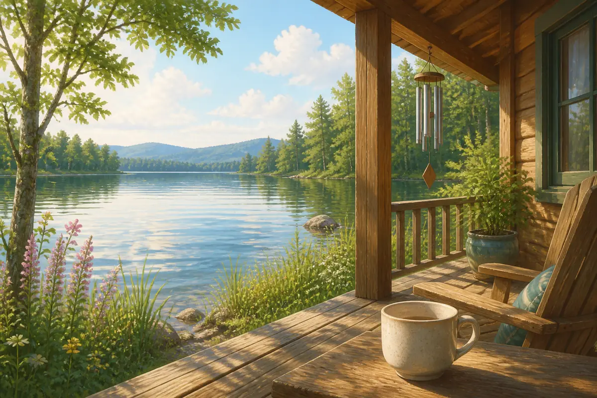阳光下的湖畔木屋廊下有木质摇椅、金属风铃和一杯热茶,湖水与森林在远处明亮,无人物无文字