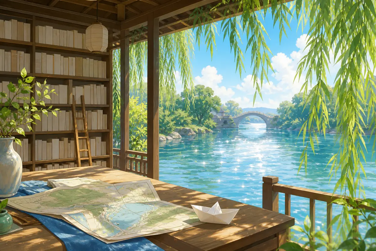 暖色傍晚的街角面包店窗边,一条黄色围裙搭在木椅上,玻璃瓶里插着橄榄枝,桌面有圆面包,无人物无文字