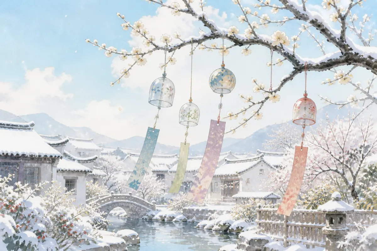 晴朗雪后庭院的开花梅枝下挂着几只无文字的彩色玻璃风铃,远处有小石桥和安静溪流,无人物