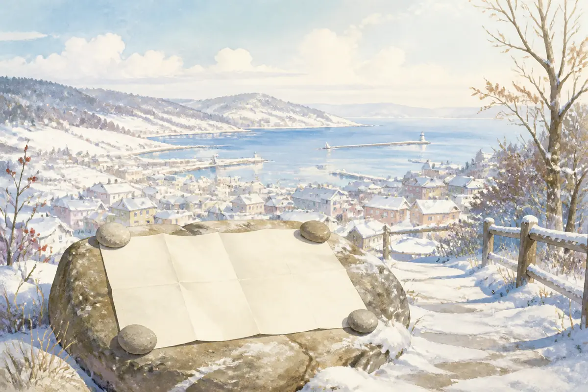 晴朗雪后山坡的圆石上放着一张无文字的空白信纸,几枚小石子压住纸角,远处是明亮海港、小镇与灯塔,无人物