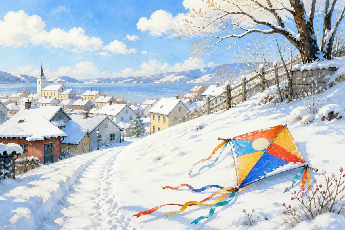 晴朗雪坡上放着一只彩色风筝,丝带落在雪地,远处是明亮湖畔小镇和群山,无人物