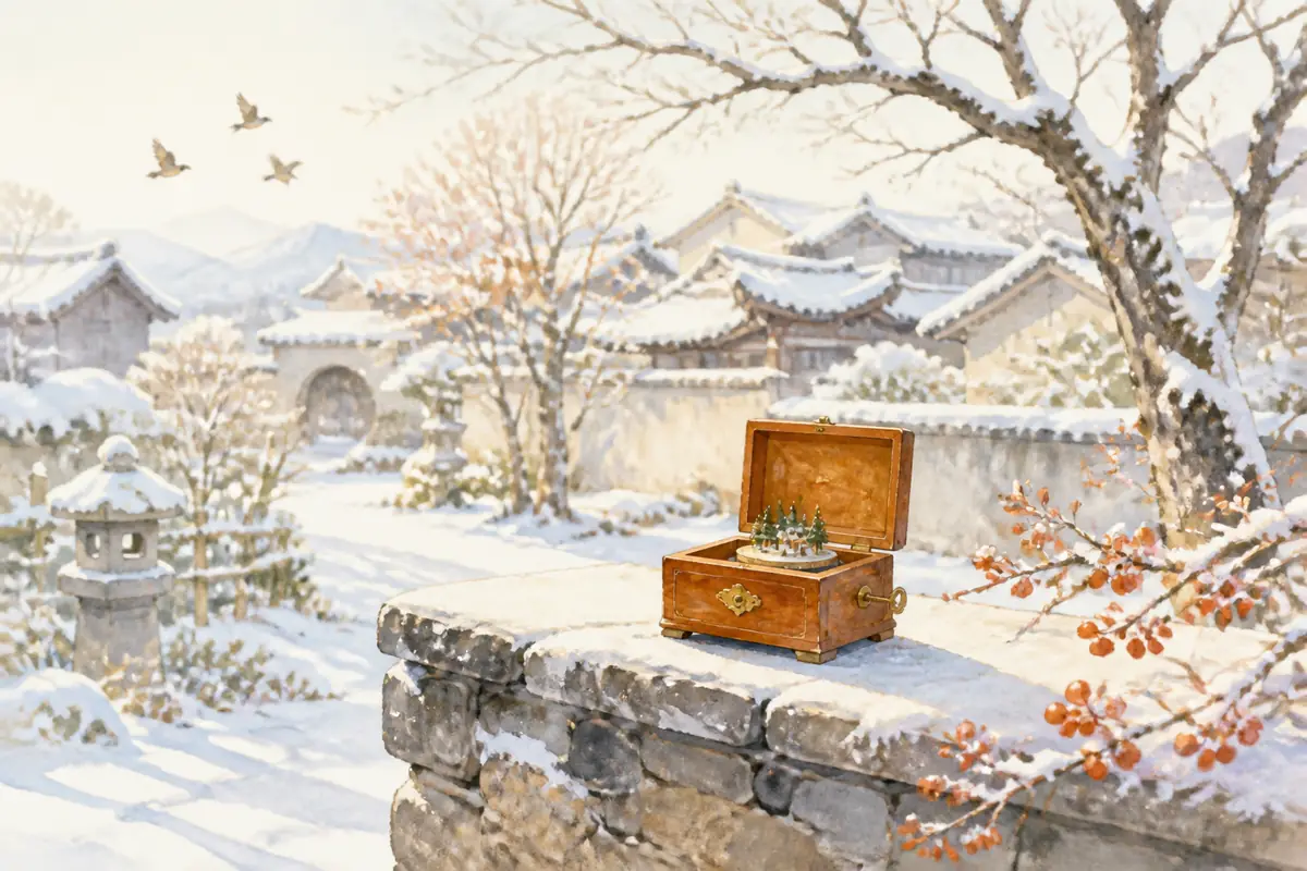 雪后明亮庭院的石台上打开一只木质音乐盒，盒内有几棵小杉树，远处是覆雪屋檐和树枝，无人物