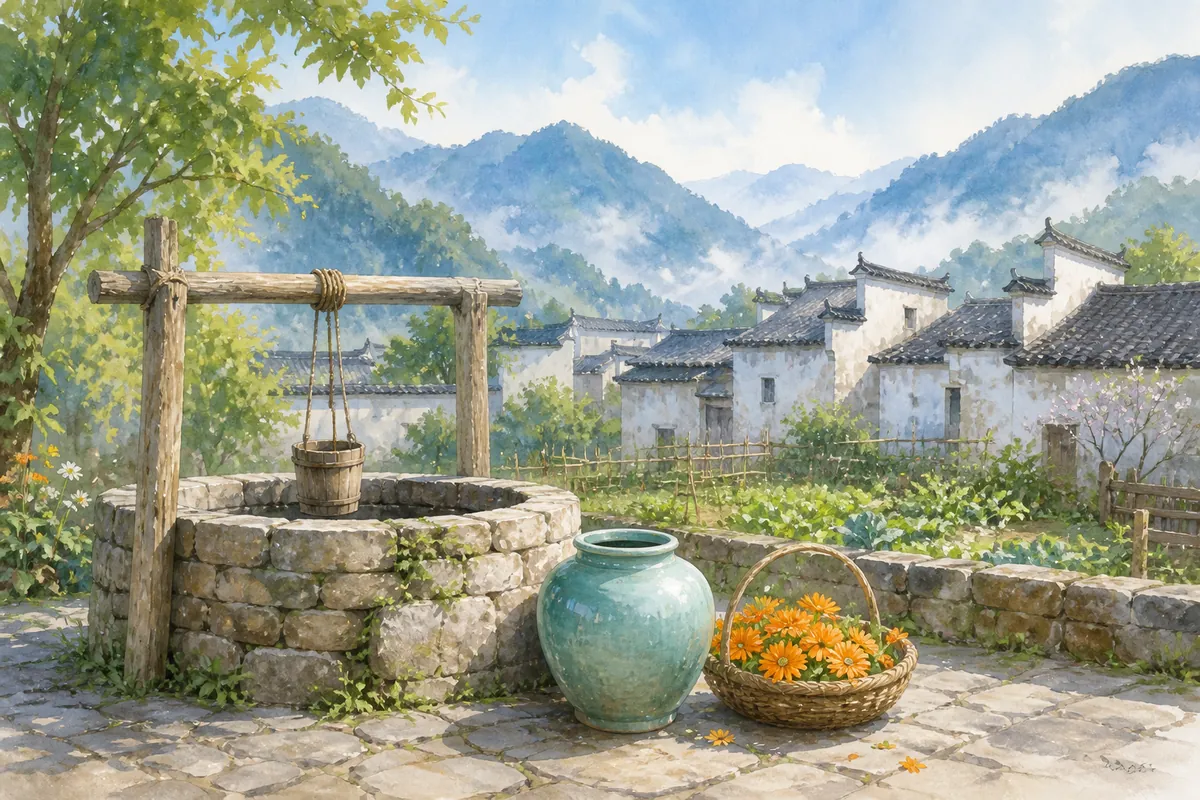 晨雾散去的明亮山村石井边放着青瓷水罐和一篮金盏花,远处有屋檐与青山,无人物
