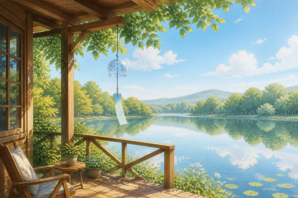 晴朗湖畔的木廊下挂着透明玻璃风铃,藤椅和盆栽面向平静湖面,无人物、无文字