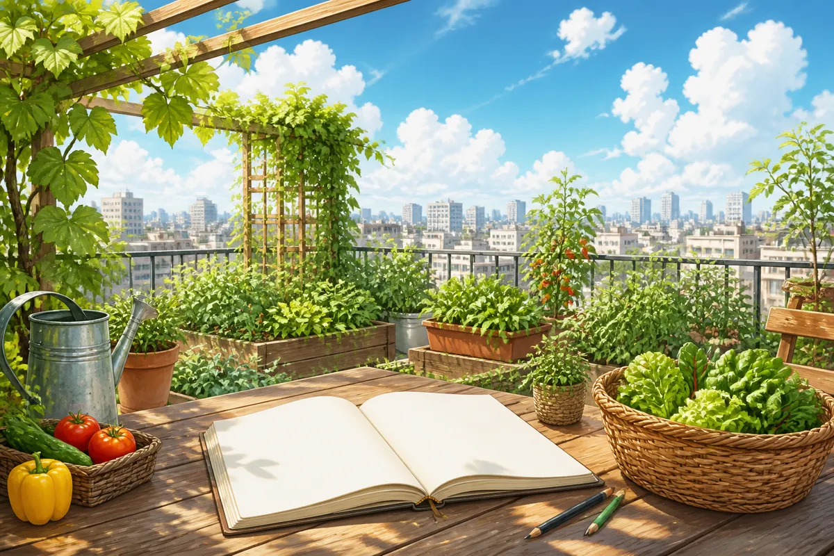晴朗自然光下的城市屋顶菜园,木桌上打开无文字的空白笔记本、两支铅笔和一篮生菜,周围有藤架、蔬菜与浇水壶,无人物、无文字