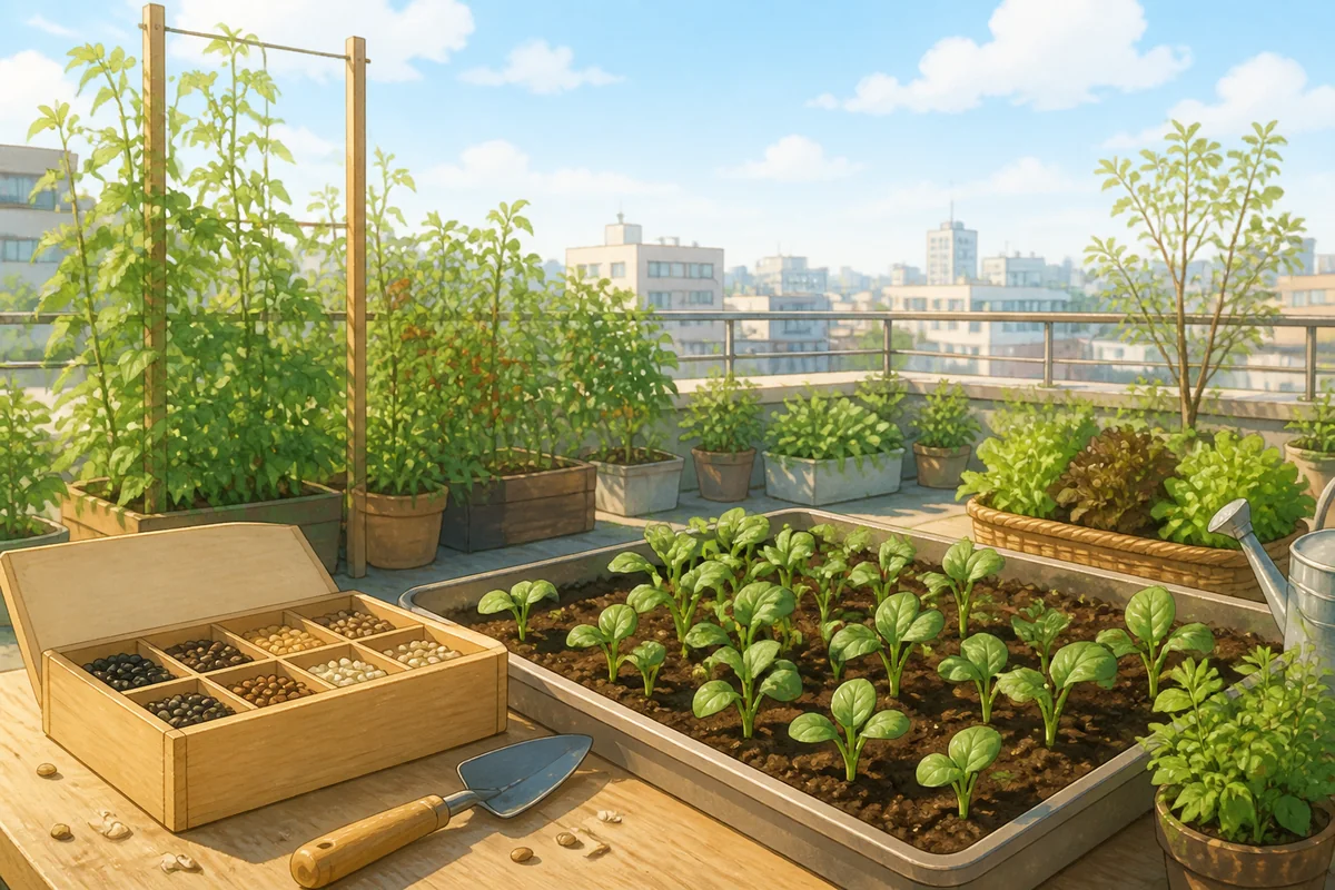 晴朗自然光下的城市屋顶菜园,菜畦旁的木质种子盒、手铲和浇水壶,周围是健康的绿叶蔬菜,无人物、无文字