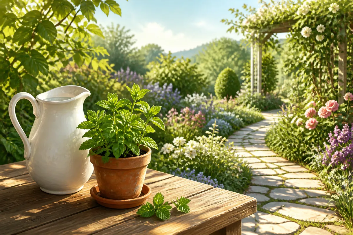 晨光照着繁茂花园,旧木桌上有三盆薄荷、白色无文字瓷水壶和修枝剪,石子小径通向花圃,无人物