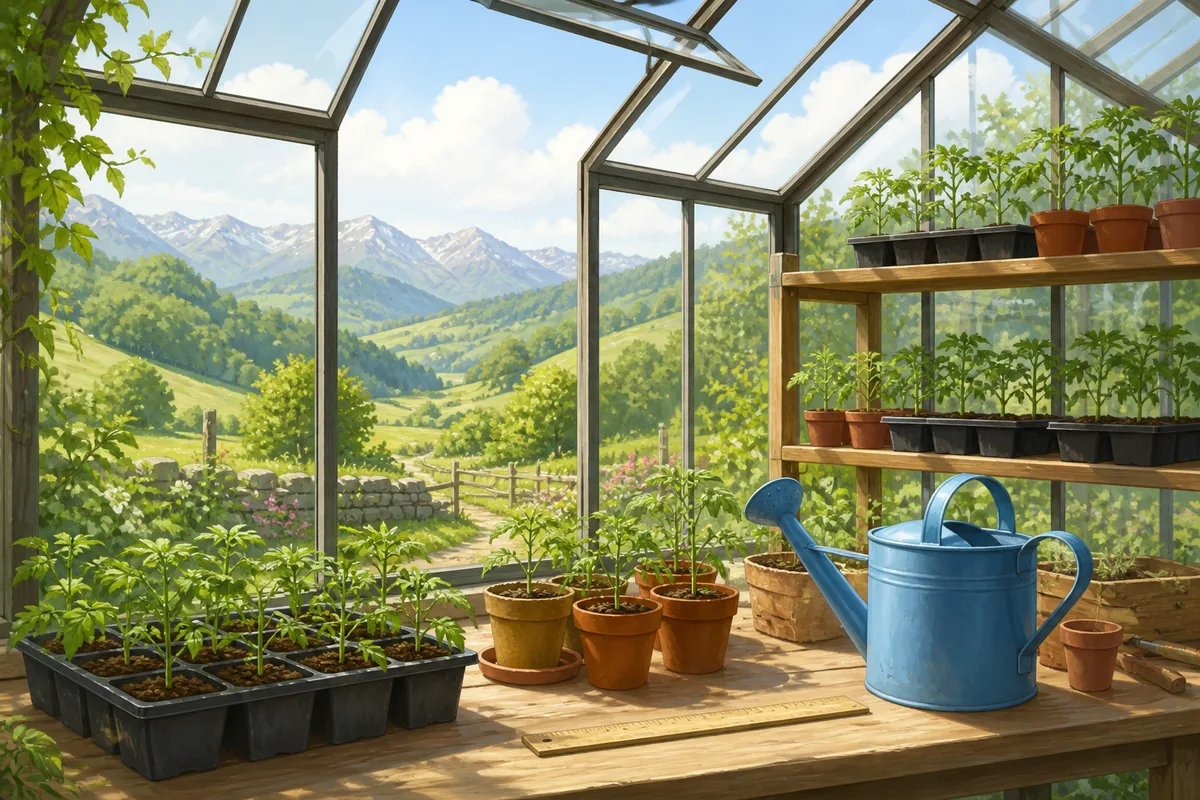 晴朗山谷的玻璃温室内,木架上有番茄苗、蓝色无文字浇水壶与木尺,阳光柔和,无人物无文字