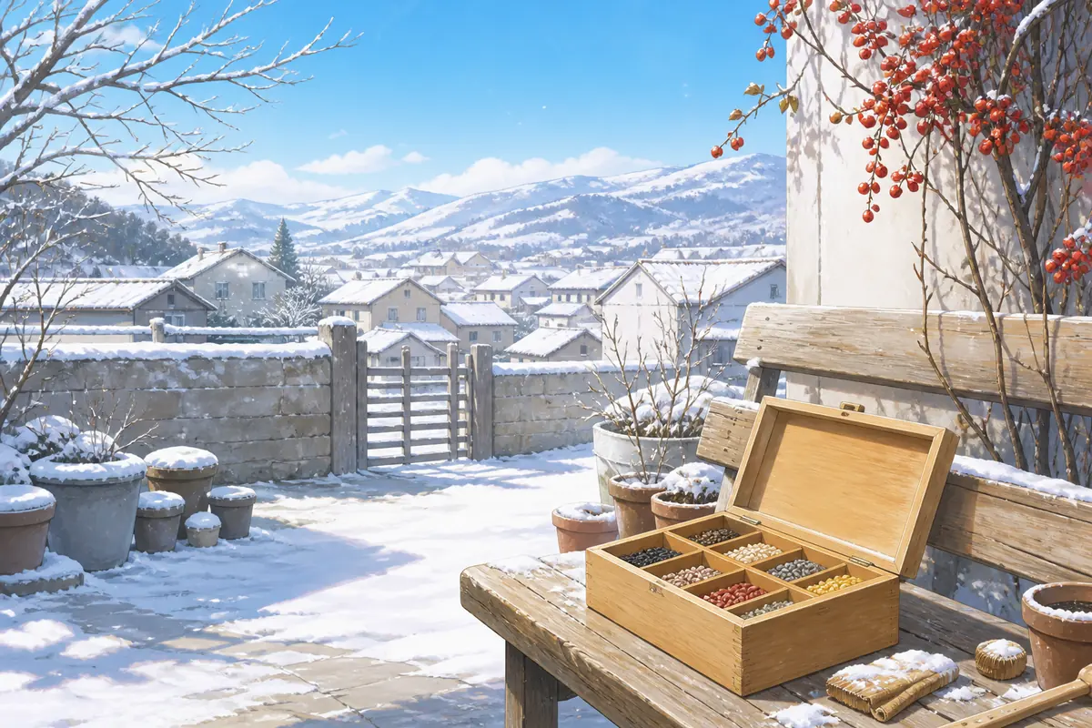 晴朗雪后院子里的木长椅与打开的种子盒,红柿枝条映着远处雪山,无人物无文字。