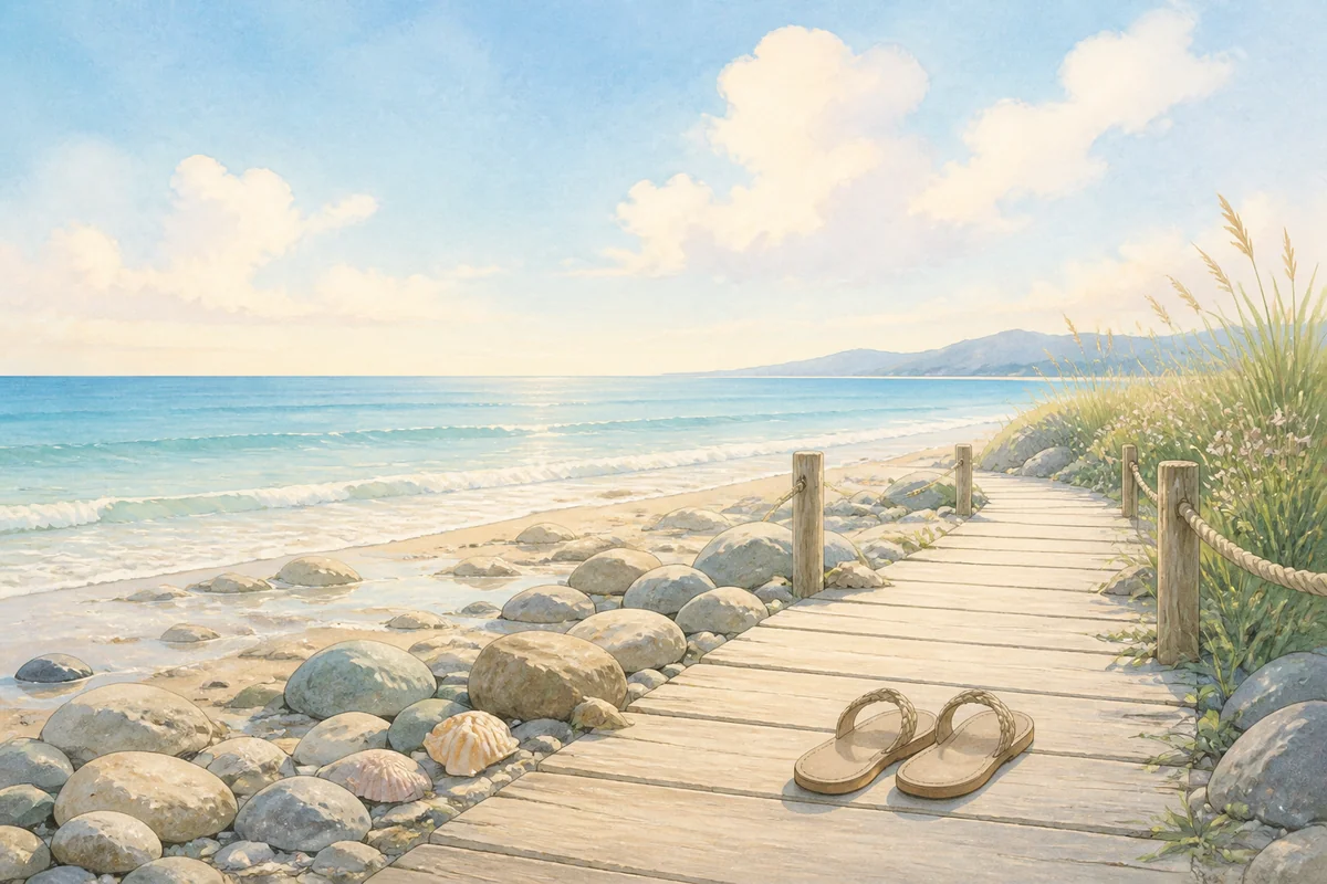 晴朗海岸的木栈道通向远处,浅色凉鞋与几枚贝壳放在前景,海浪、圆石和草坡围绕,无人物无文字。