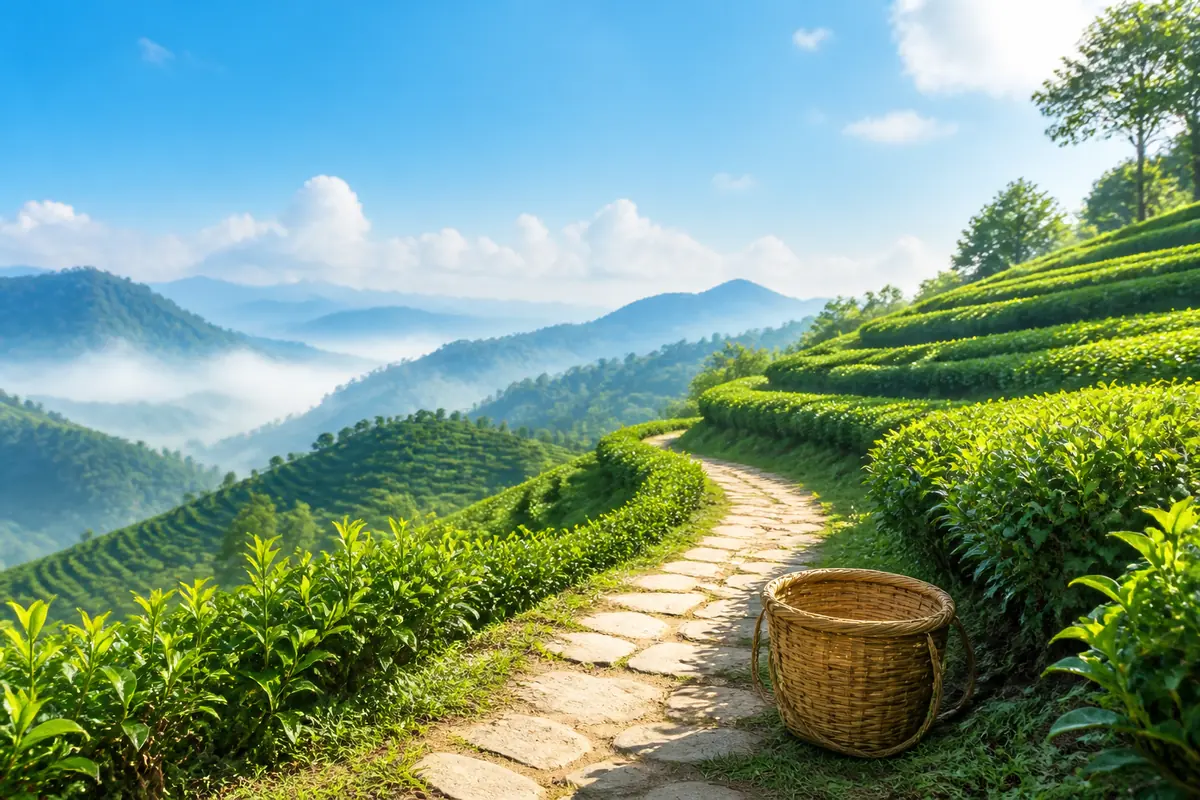 明亮晨光下的层叠绿色茶园,一条石板小径通向远山,路边放着藤编茶篮,无人物无文字。