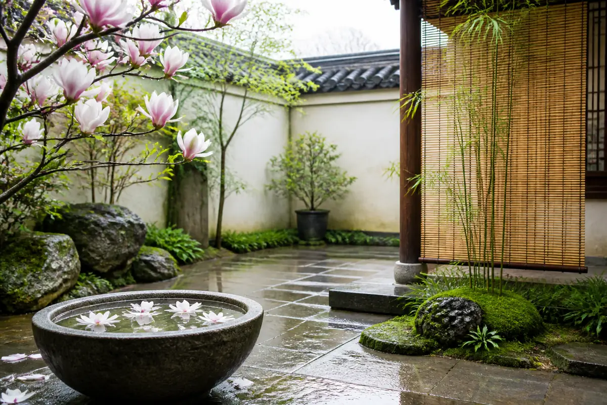 春雨后的中式庭院,石质水钵里漂着白莲,粉色玉兰伸向浅色院墙,竹帘与青苔映着柔和日光,无人物无文字。