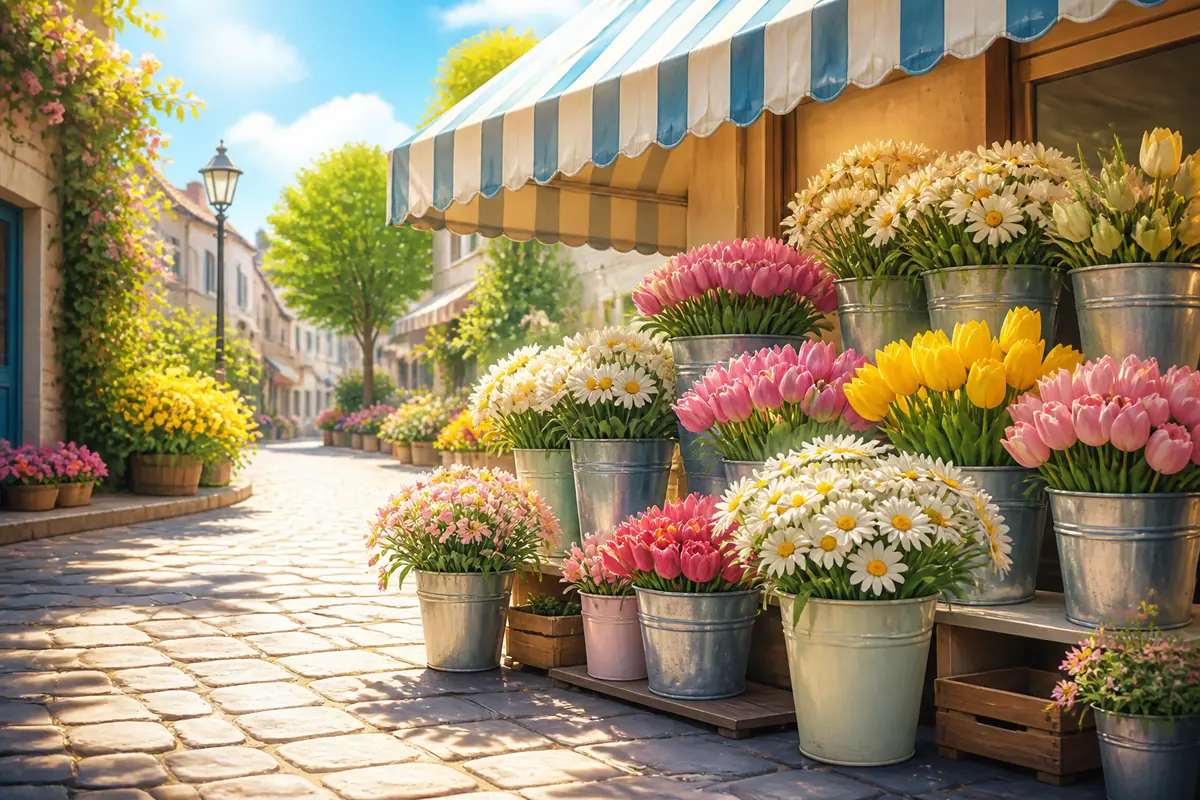 阳光照着的石板街花店门前,蓝白遮阳棚下摆着粉黄郁金香和白色雏菊,无人物无文字。
