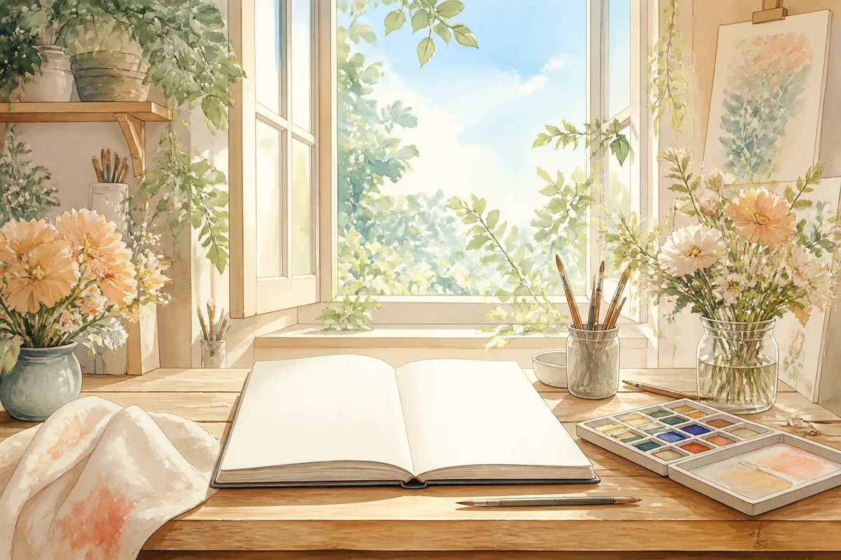 阳光画室木桌上摊开空白素描册,旁边有画笔、水彩和花瓶
