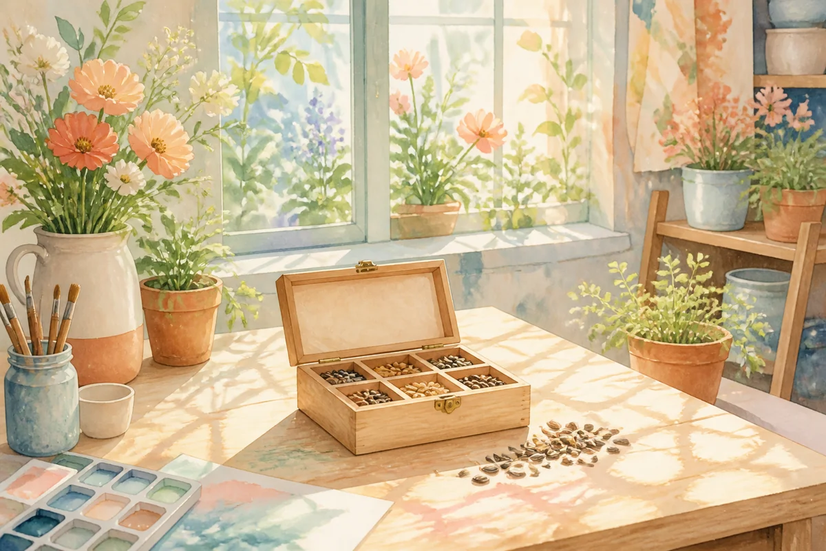 花窗旁的画室桌上摆着分格木盒,格子里放不同形状的种子和水彩工具