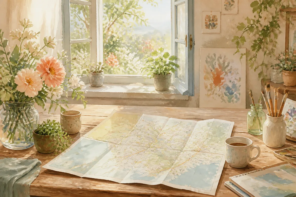 花窗下的画室木桌摊着浅色地图,旁边有茶杯和水彩笔