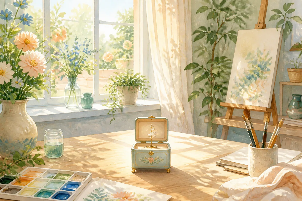明亮花窗画室中,木桌上放蓝色小音乐盒,旁边有水彩盘和画笔