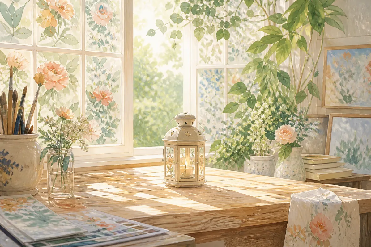 明亮花窗旁的画室木桌放着一盏奶白色小提灯和画具,周围有花草