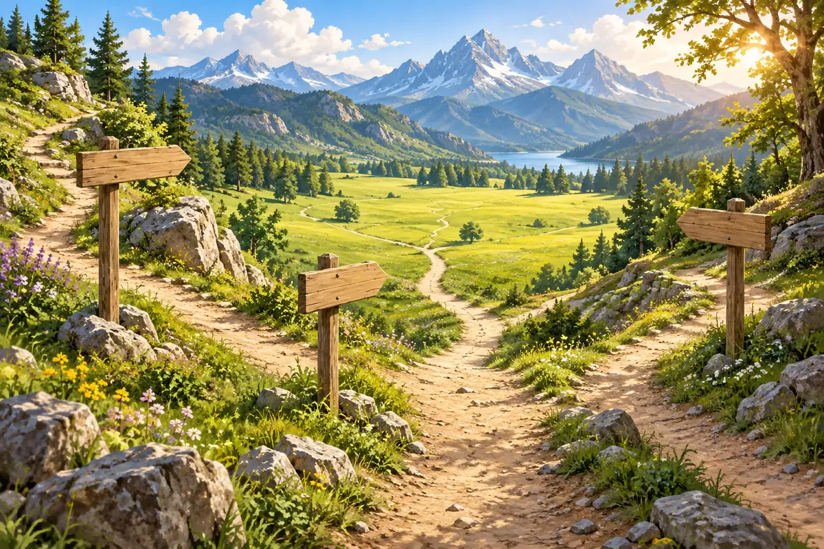 晴朗山间三块无字木路标与汇向草地的小径