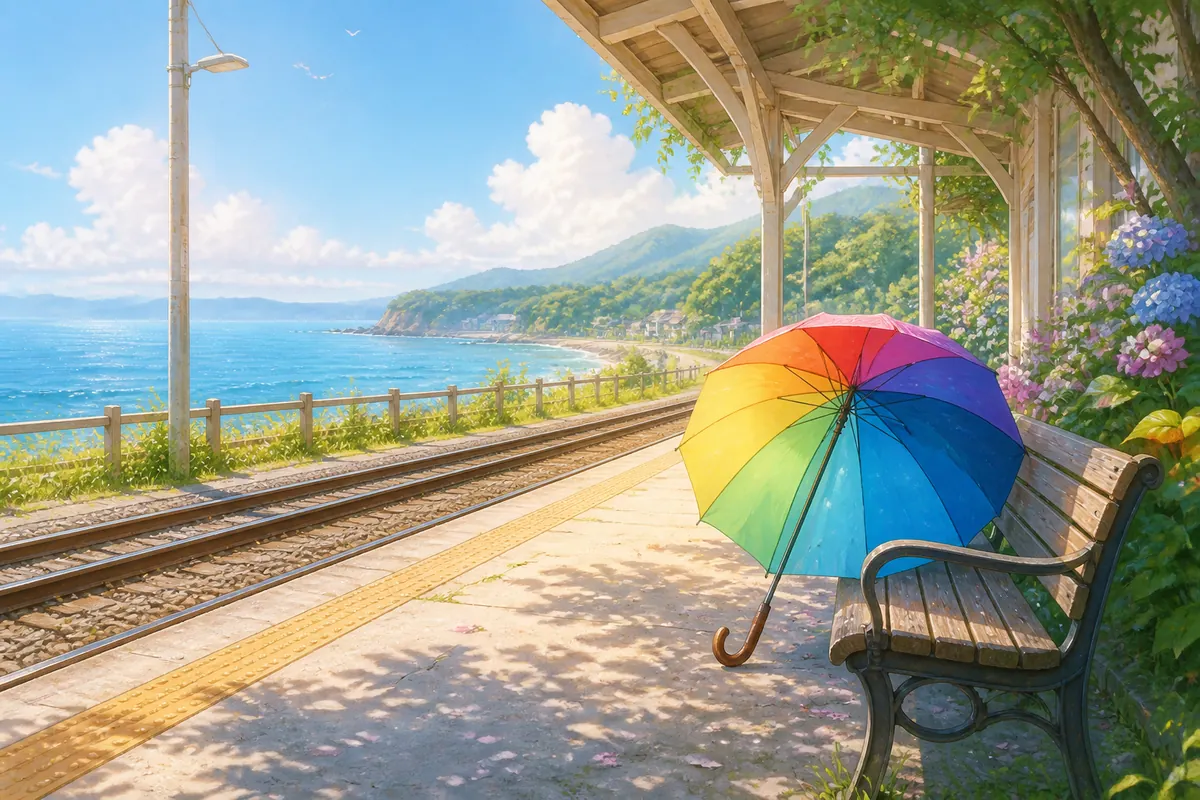 明亮海边车站长椅旁靠着一把彩色雨伞,远处是海湾和铁轨
