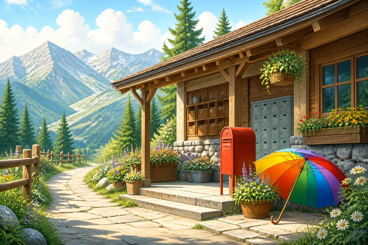 晴朗山坡木屋前有红色邮箱、彩色伞、花盆和远处雪山，无人物无文字