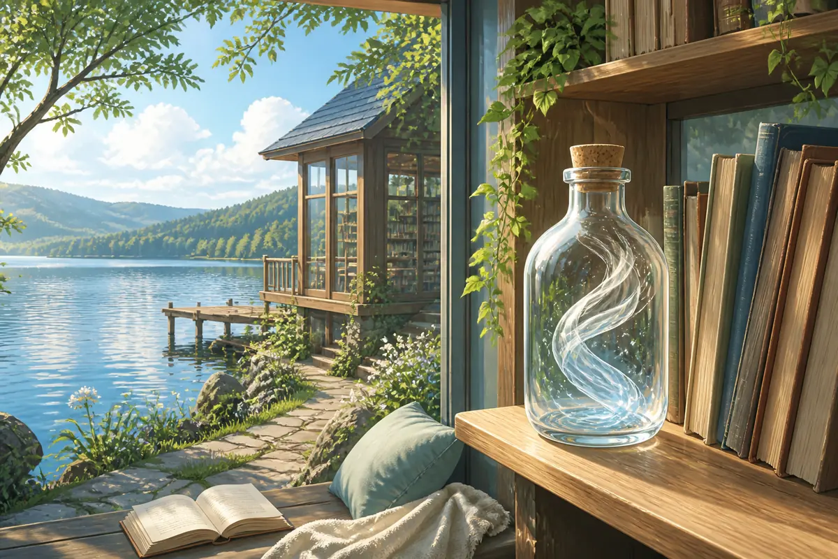 明亮湖边木屋书架旁有透明玻璃瓶,瓶中旋着白色气流,旁边有书本、绿植、坐垫和安静湖景,无人物无文字