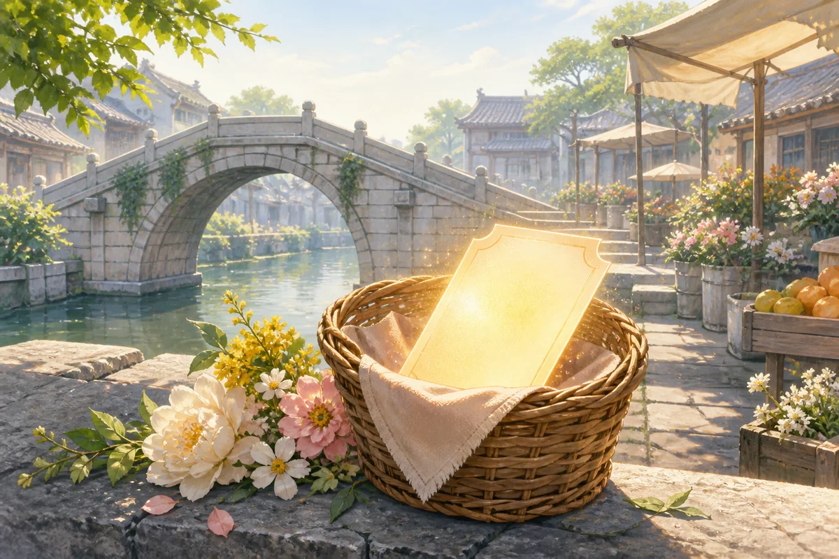 水乡石桥旁的花市篮子里放着一张发光卡片,周围是鲜花和晴朗河面