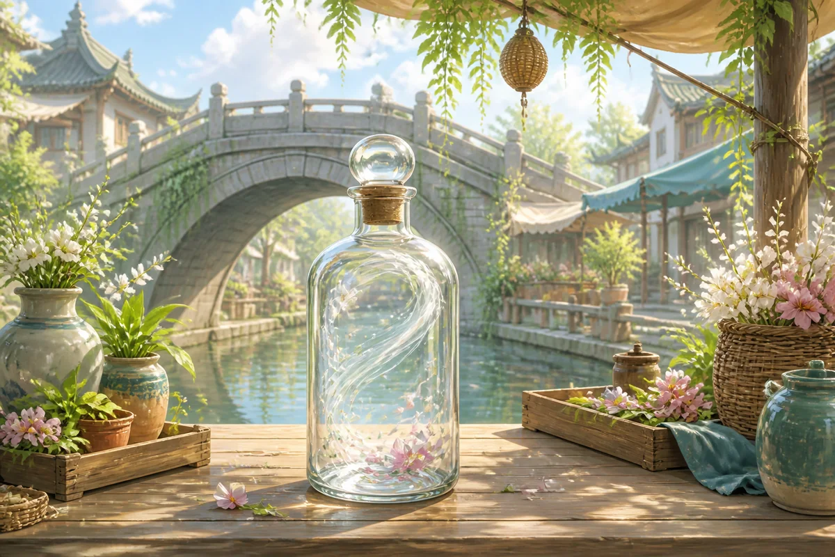 河边小店木桌上放着透明玻璃瓶,瓶里有花瓣和旋转的微光