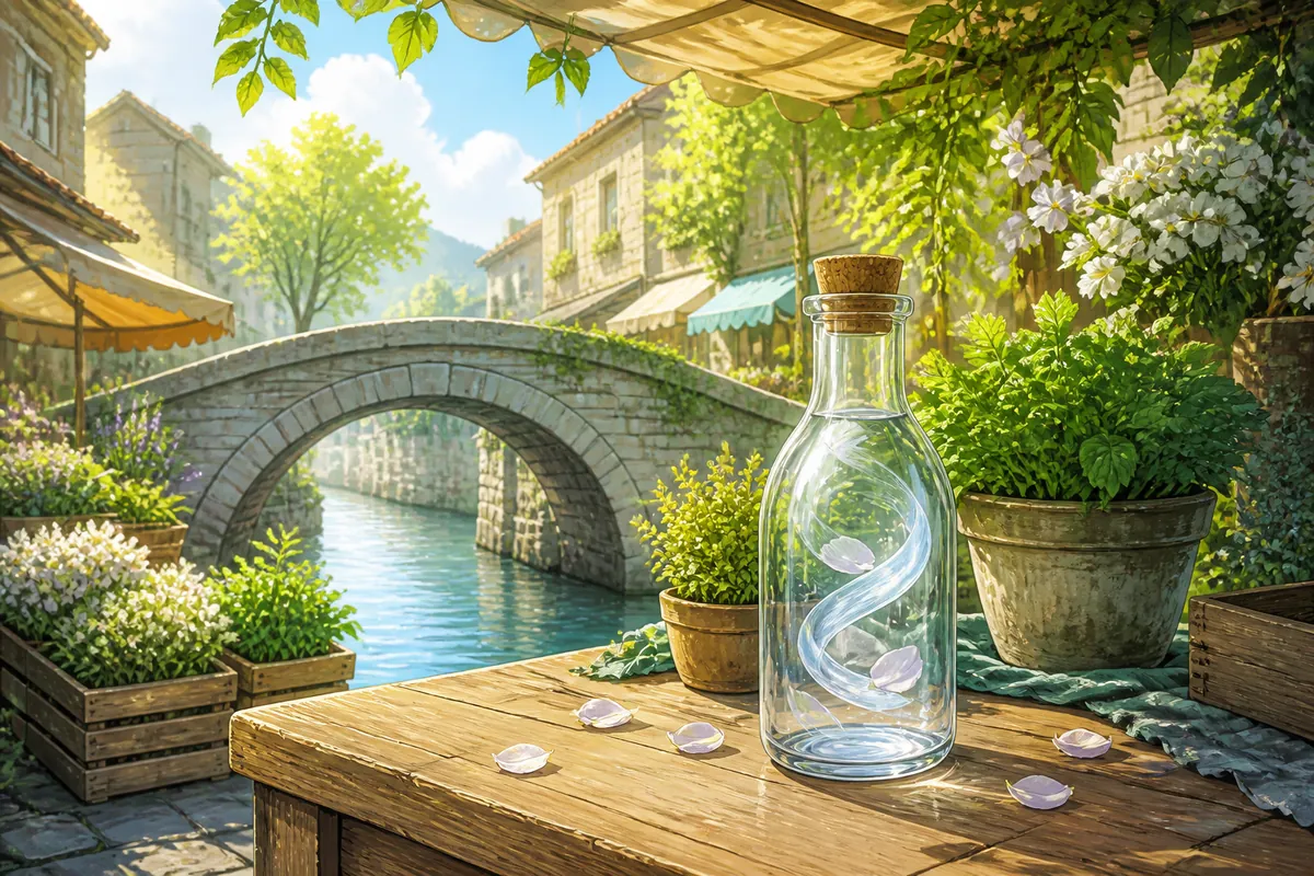 明亮石桥下的旧书摊,书页被微风翻到空白处,旁边有绿植和暖色灯光