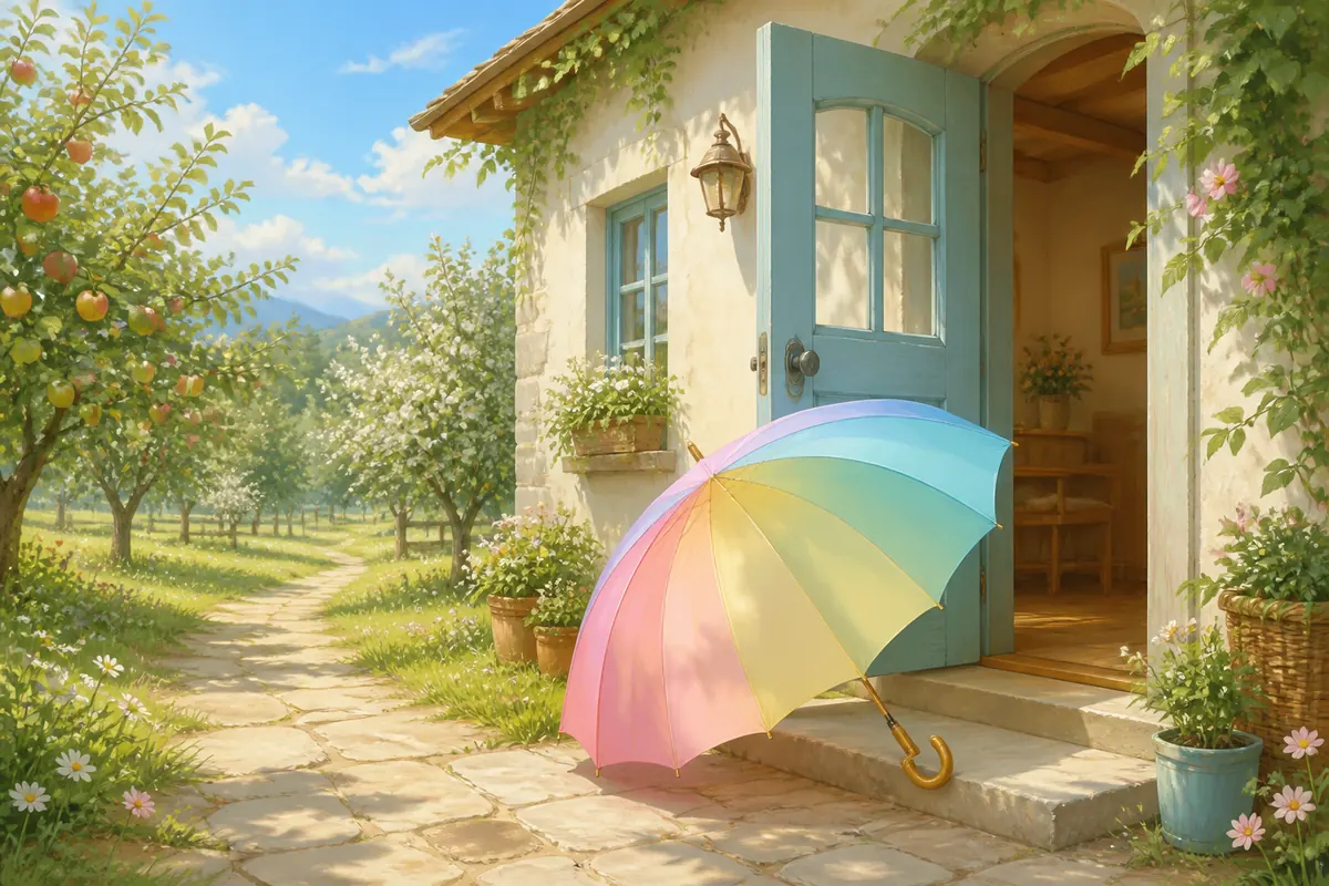 明亮果园小屋的蓝绿色门前放着一把彩色雨伞,石径、苹果树和花盆环绕,无人物无文字