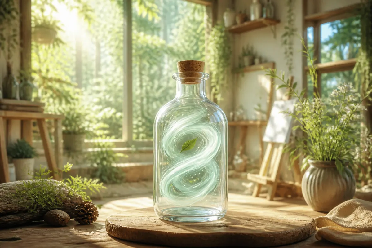 阳光照进森林画室,木桌中央有装着浅绿色旋涡和叶片的透明玻璃瓶,旁边有画笔与小花,无人物无文字