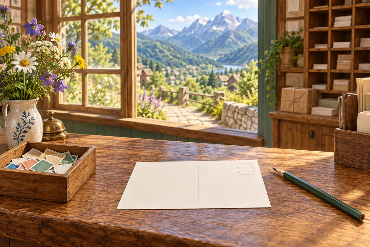 阳光照进山间小邮局,木柜台上有无字空白明信片、邮票盒和野花,窗外可见青山小路,无人物无文字