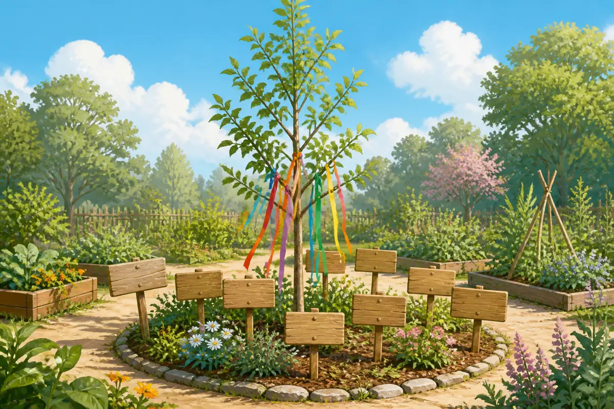 花园、空白木牌、彩带与幼树