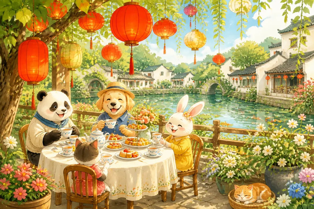 灯笼下的下午茶主题配图